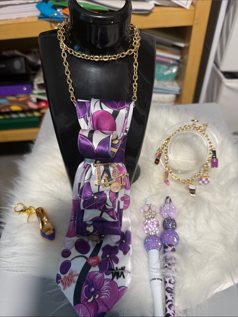 Dior Purple Floral Silk Junk. Tie Necklace with Gold Charm